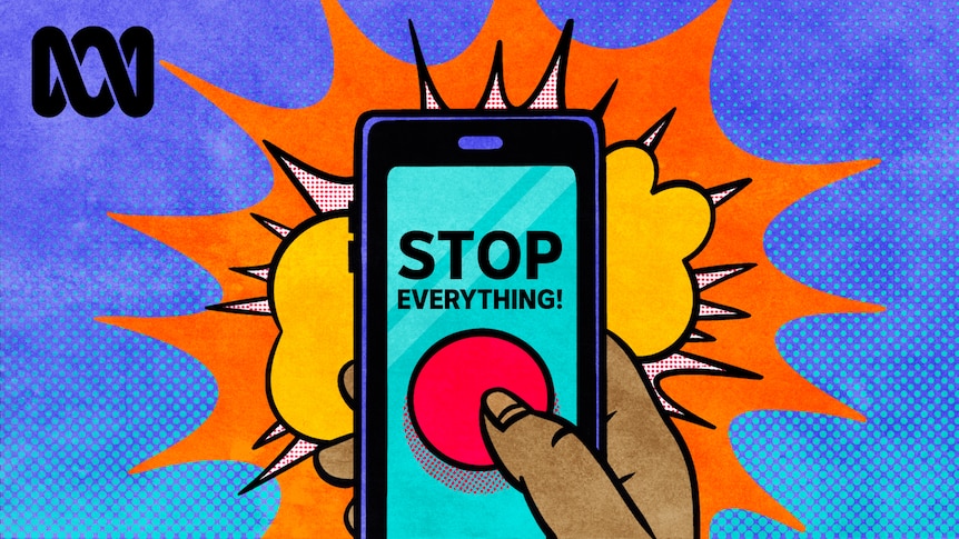 An illustration of a brown hand pressing a red button a phone screen, the words 'stop everything!' above it, explosions in b/g