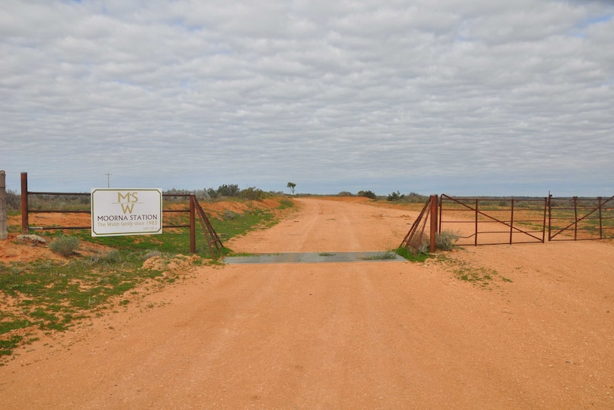 A dirt track through the entrance to Moorna Station in outback NSW.