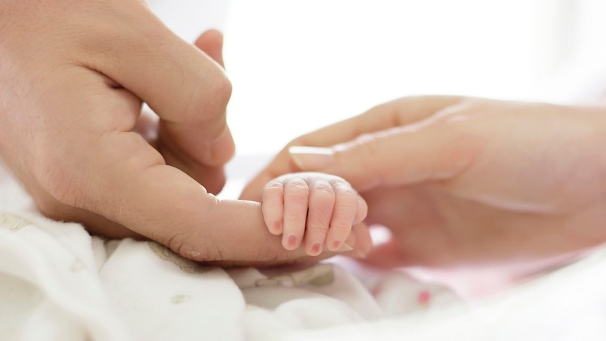 A mother and father hold the hand of their stillborn baby.