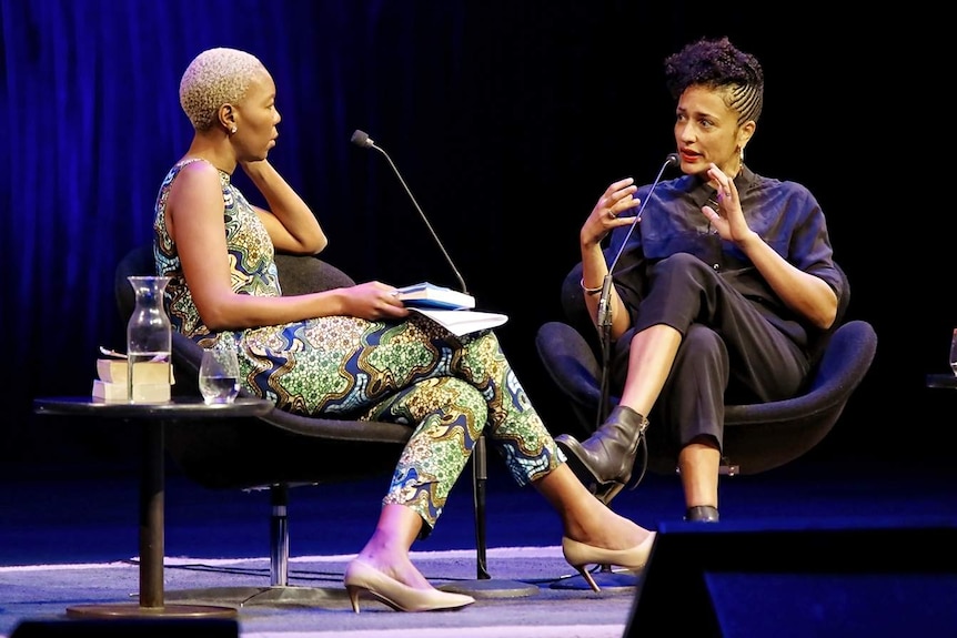 Writers Sisonke Msimang and Zadie Smith sitting on stage and in conversation at the Sydney Opera House