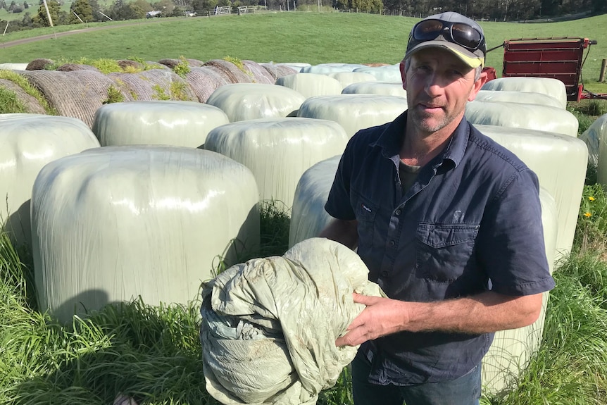 Tasmanian dairy farmer Stuart Burr with plastic wrapped hay bales.