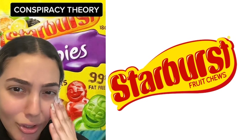 A woman appears sad in front of a Starburst lollies packet. 