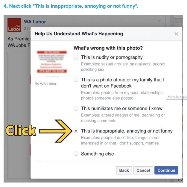 A screenshot of text showing people how to flag Facebook content inappropriate, annoying or not funny.