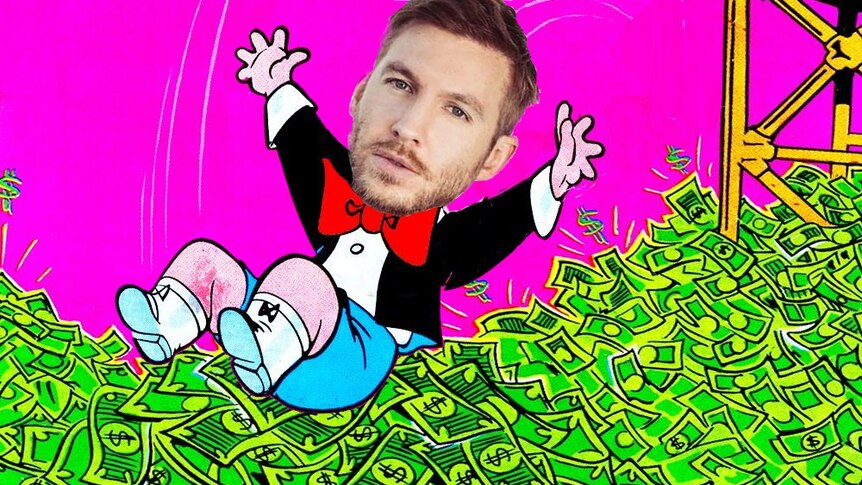 Calvin Harris depicted as Richie Rich diving into a pool of money