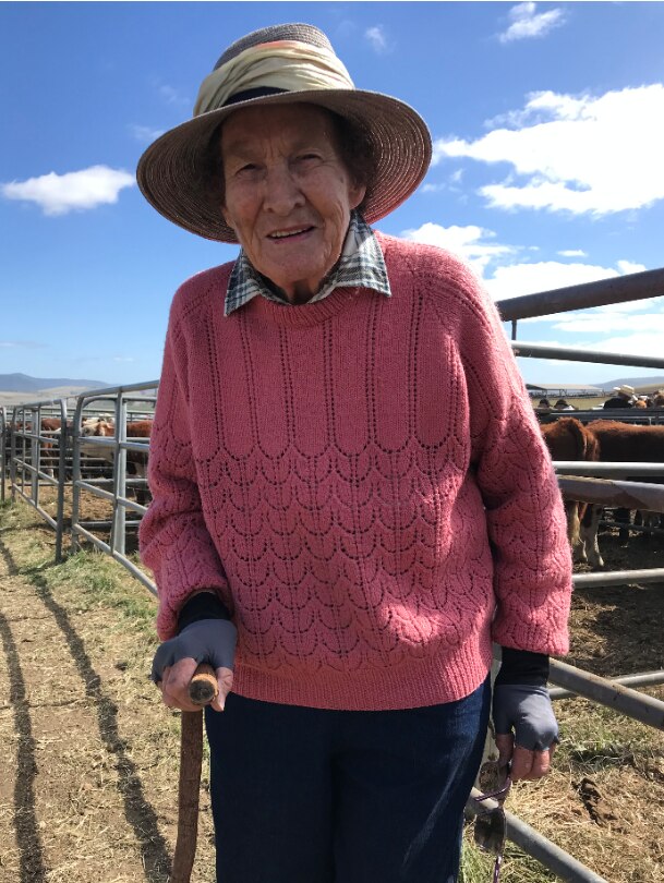 A woman leans on a walking stick, with saleyards behind her.