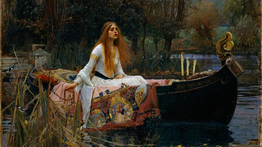 The painting Lady of Shalott, which shows a woman crossing a river in a boat.