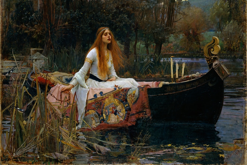 The painting Lady of Shalott, which shows a woman crossing a river in a boat.