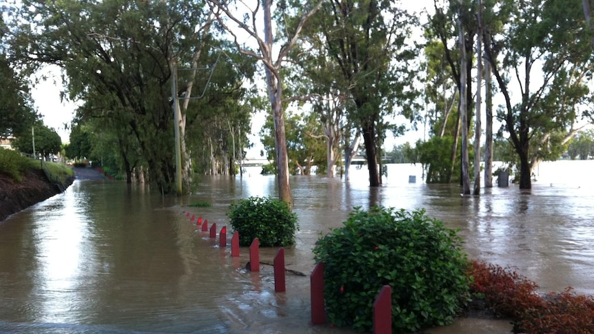 A carpark in Rockhampton flooded by the Fitzroy River.