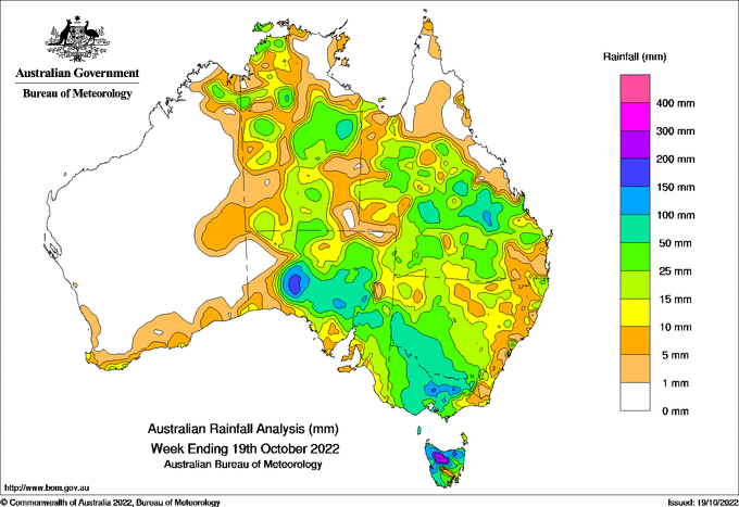 Map shows rainfall by mm, with Tasmania, Victoria,, New South Wales, South Australia and Queensland receiving upwards of 200mm