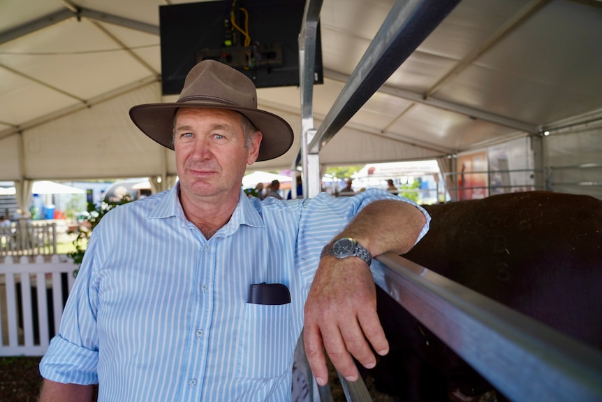 A middle-aged man in an Akubra leans against a rail in a stockyard.