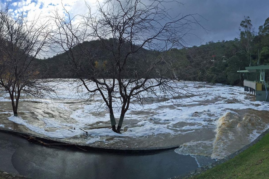 Floodwater inundates the Cataract Gorge in Launceston, June 2016.