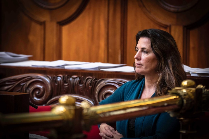 Tasmanian Independent MLC for Nelson Meg Webb sits in the Legislative Council, looking to the side.