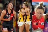 Prepsakis tugs at her Essendon jumper, Sophie Locke embraces teammate and Montana Ham is helped from the ground