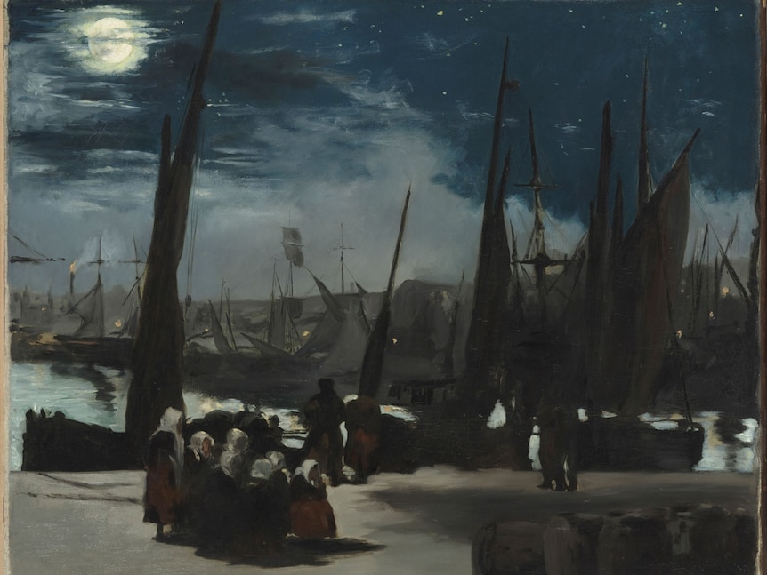 Edouard Manet's 1869 painting in dark blues black and white, of a moonlit port with ships and huddle of women in the foreground.