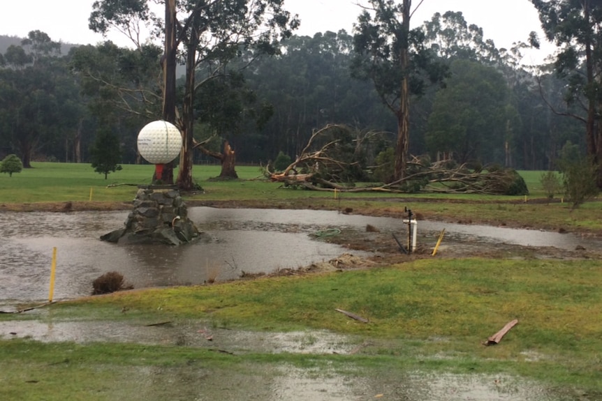 The flooded and battered fairway at Huon Valley Golf Club on July 30, 2014