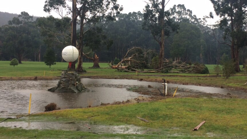 The flooded and battered fairway at Huon Valley Golf Club on July 30, 2014