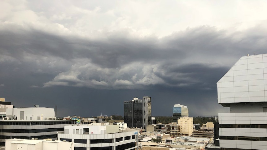 Storm clouds gather at Parramatta as the Bureau of Meteorology issues a severe thunderstorm warning.