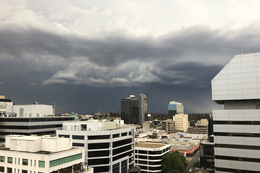 Storm clouds gather at Parramatta as the Bureau of Meteorology issues a severe thunderstorm warning.