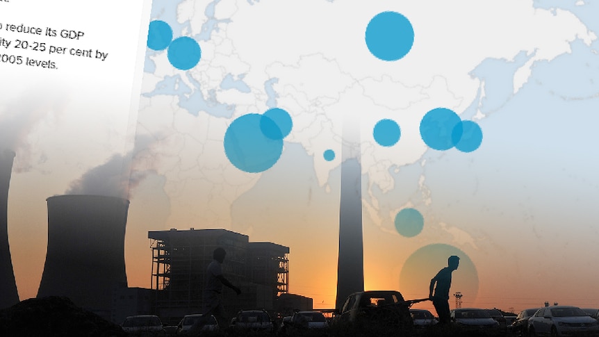 A map of top carbon dioxide emitting countries is overlaid an image of two men in front of a power plant.