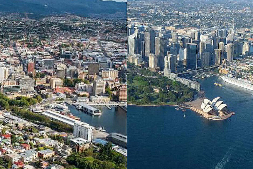 A composite photo of Hobart and Sydney