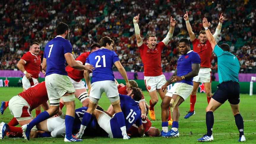 Wales players celebrate after Ross Moriarty scores a try