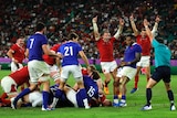 Wales players celebrate after Ross Moriarty scores a try