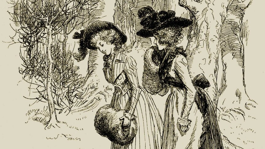 An illustration of Elinor and Lucy from Sense and Sensibility dressed in hats and dresses taking a walk in the forest.
