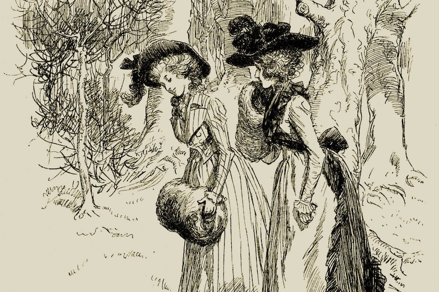 An illustration of Elinor and Lucy from Sense and Sensibility dressed in hats and dresses taking a walk in the forest.