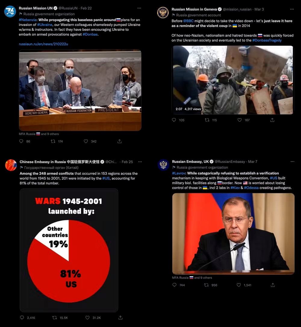 Screenshots of four Russian government accounts tweeting disinformation