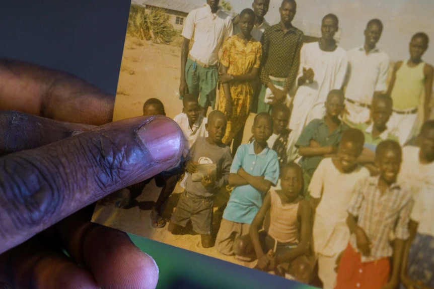 A close-up of an image of a group of men in South Sudan.