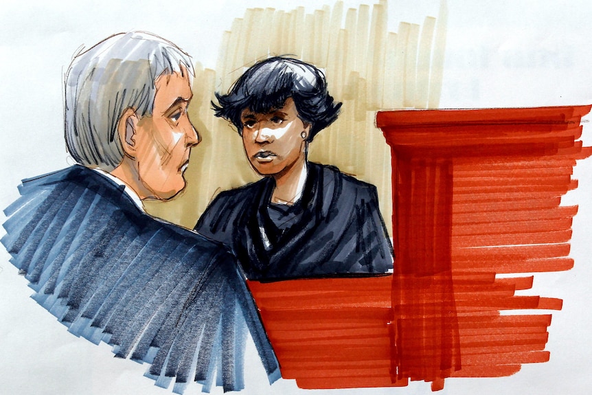 James McKay questions Jennifer Hudson in court sketch.