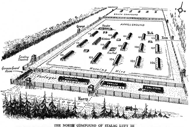 A map of Stalag Luft III showing the location of the escape tunnels.