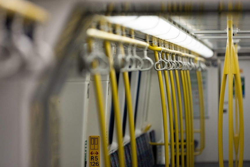 Hand holders dangling from a train ceiling