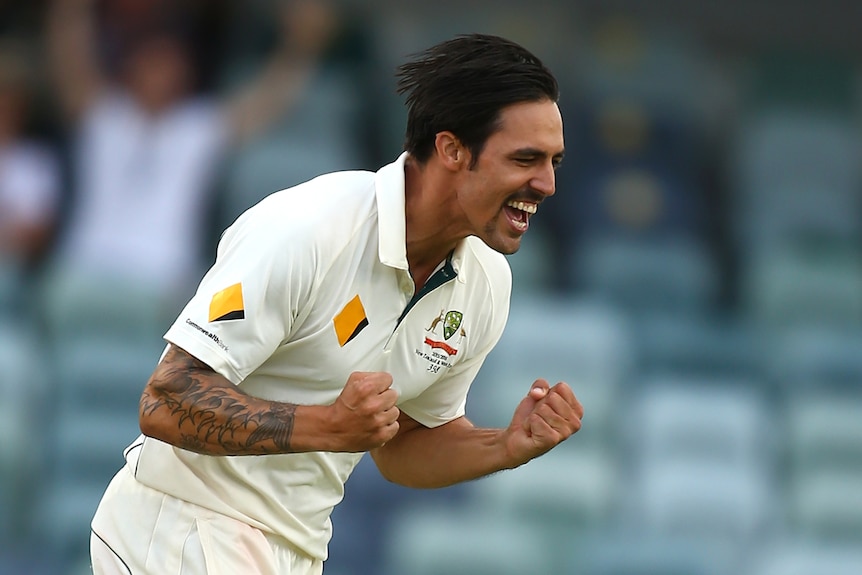 Australia's Mitchell Johnson celebrates the wicket of Tom Latham on day five at the WACA.