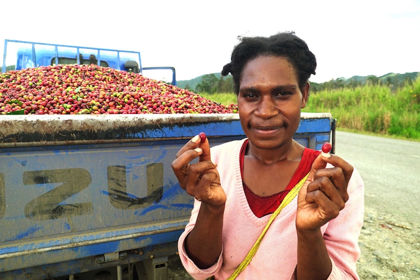 Coffee grower Belinda Brian holds coffee beans in her hand
