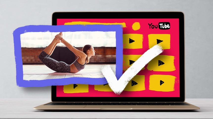 A illustration of a yoga video with an illustrated tick, for a story about online exercise.