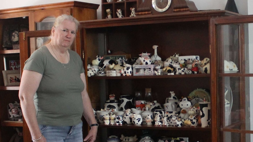 a woman in front of a shelf of black and white cow ornaments