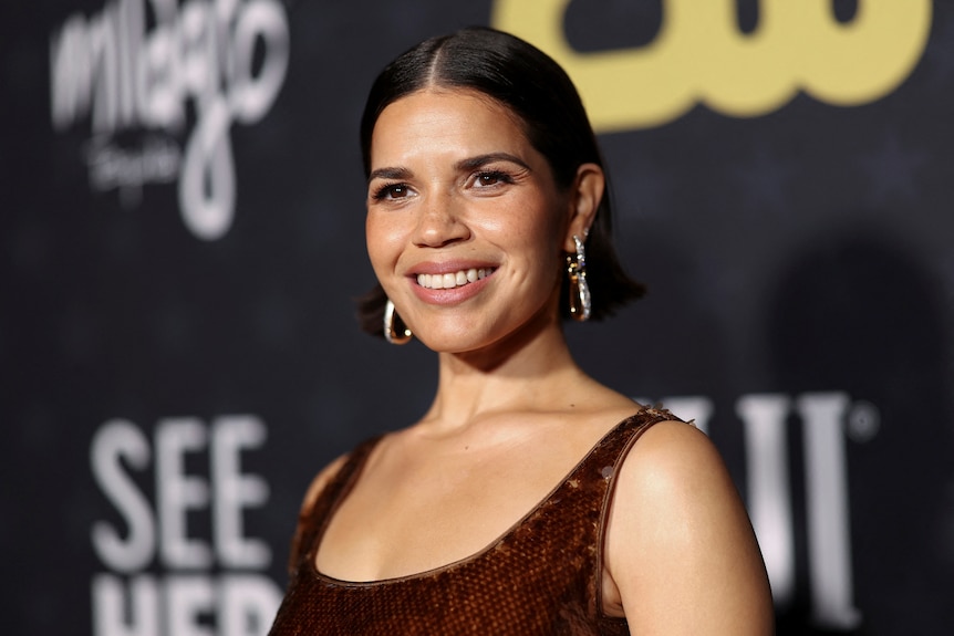 America Ferrera in a portrait style photo, hair back, wearing a brown evening gown