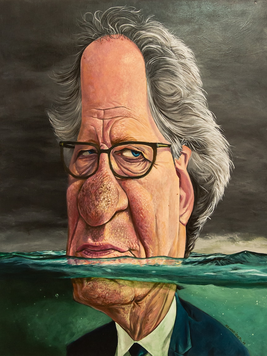 A painting of a man's head, in caricature, with rising water up to his lips.