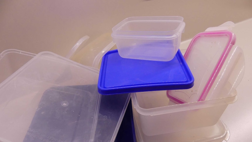 Plastic containers sit in a bench