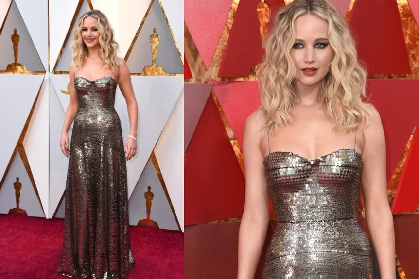 Jennifer Lawrence in a metallic number on the red carpet.