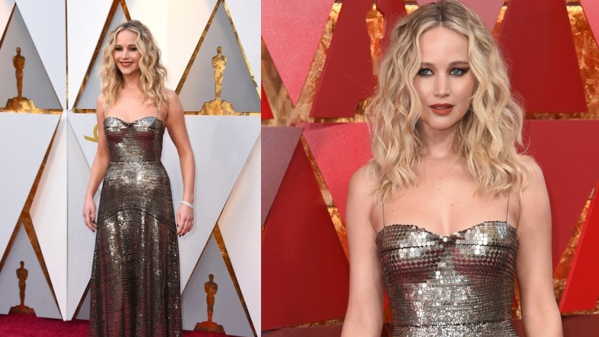 Jennifer Lawrence in a metallic number on the red carpet.