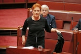 Pauline Hanson holds a burka face veil before putting it on in the Senate.