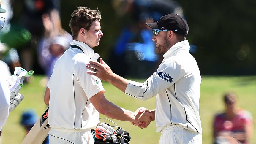 Steve Smith shakes Brendon McCullum's hand