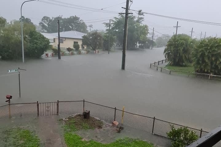 A street full of floodwater in Ingham.