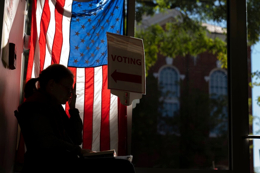 Shadowy outline of a person sits infront of the American flag next to a sign that says voting. 