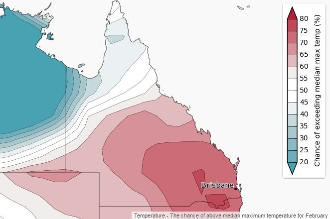 BOM forecast map of areas likely to have above average temperatures in February