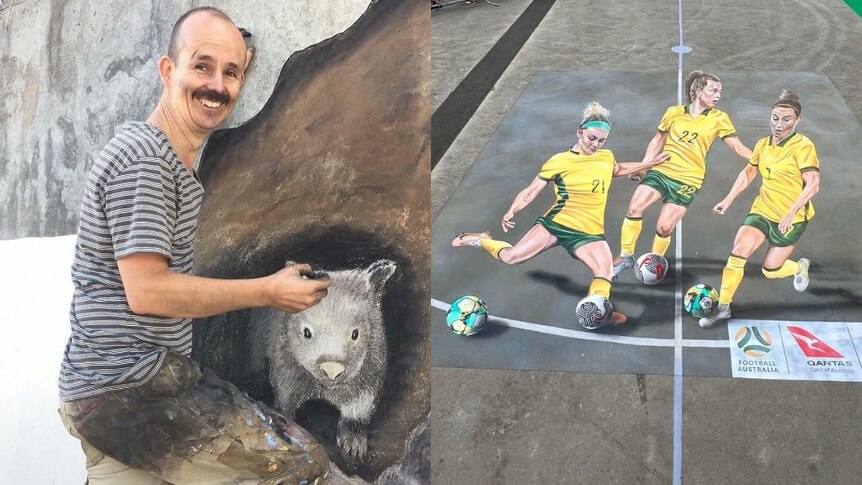 A composite image of a man drawing a wombat on a wall, and a drawing three women soccer players.