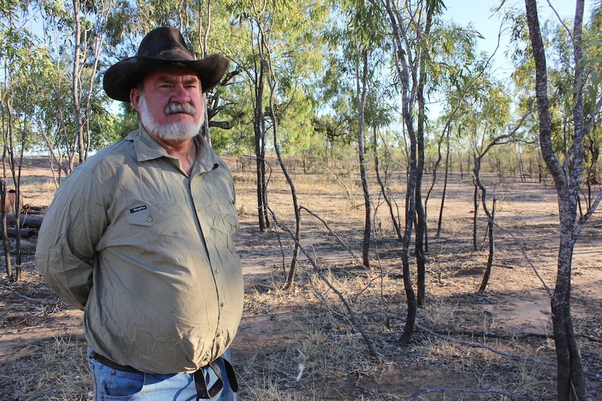 Cattle producer in a weathered brown hat standing in a drought-affected paddock on Floraville Station.