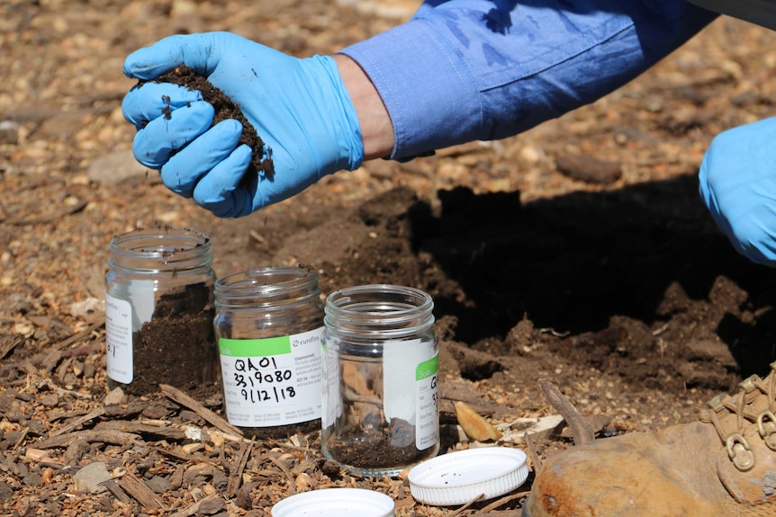 A gloved hand puts soil into a jar for testing.